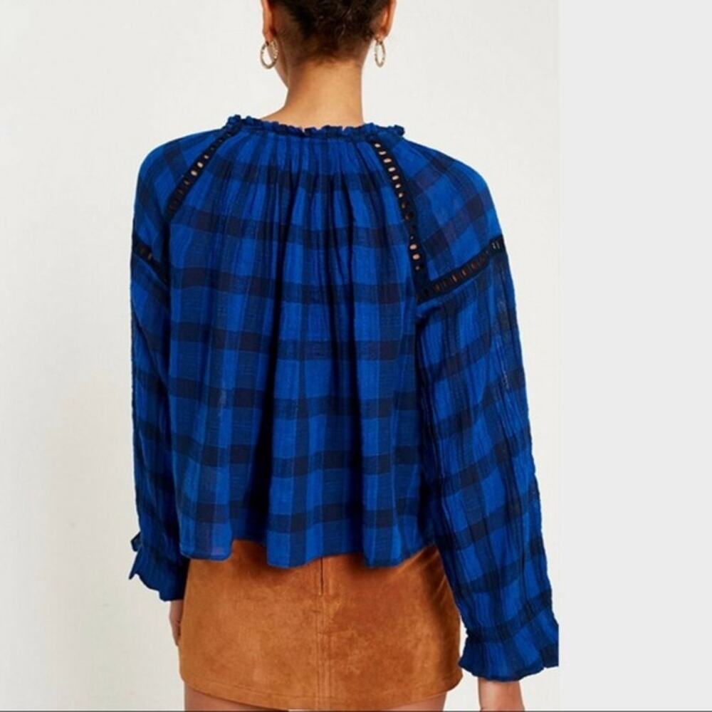 Free People Honey Grove Plaid Top Gauze Bell Sleeve Pleated Blouse in Black Blue - Picture 6 of 10